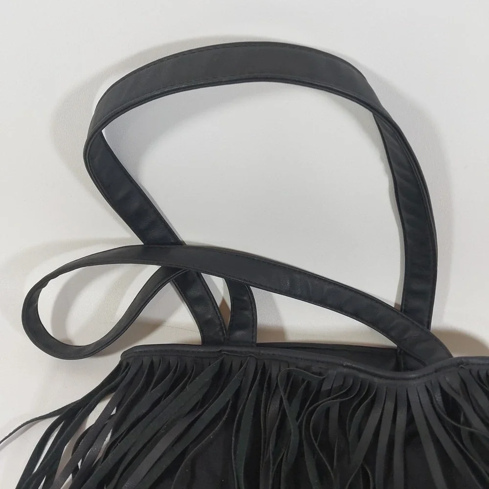 Black Faux Suede Fringe Slouchy‎ Hobo Shoulder Bag Tote Boho